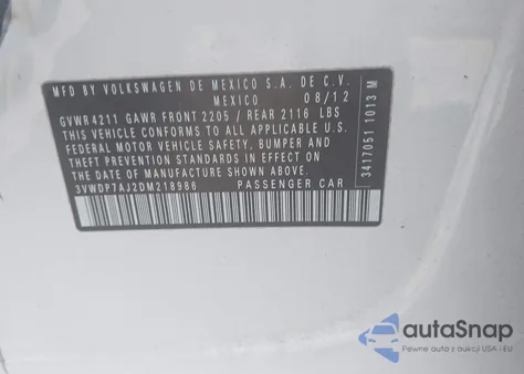 2013 Volkswagen Jetta 2.5L Se z USA, uszkodzony, nr VIN 3VWDP7AJ2DM218986